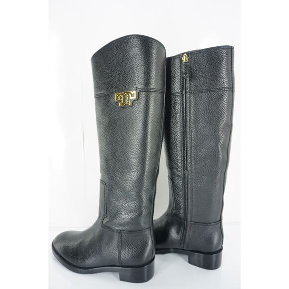 Tory Burch Joanna Black Leather Gold Logo Riding Boots Size 5.5 Heels NIB $495 - Picture 9 of 9